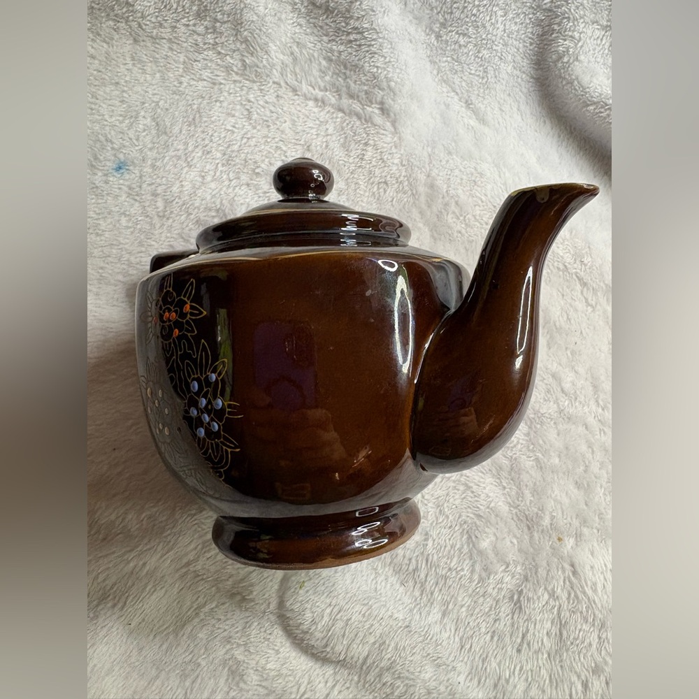 Brown Tea Pot Hand Painted Home Decor Floral Ceramic 6” Royalty 13.7oz Fancy Fun - Picture 8 of 14